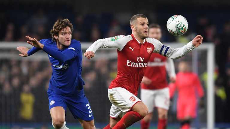 Jack Wilshere of Arsenal during the Carabao Cup semi-final First Leg match between Chelsea and Arsenal at Stamford Bridge on January 10, 2018
