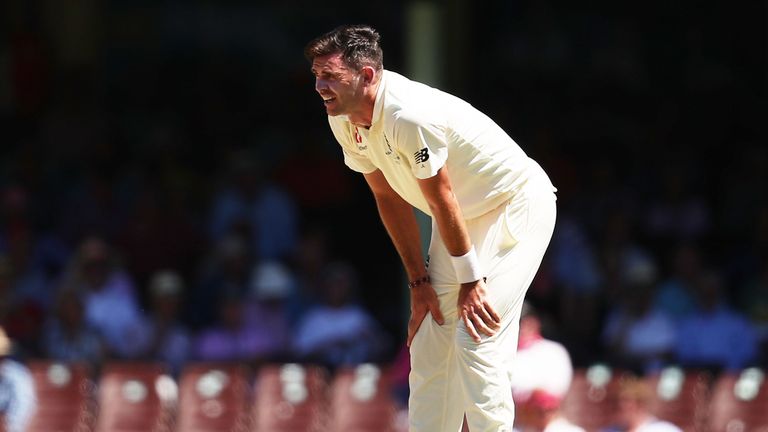 James Anderson of England reacts after bowling during day four of the Fifth Test match in the 2017/18 Ashes