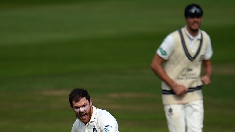 TAUNTON, ENGLAND - SEPTEMBER 26: James Harris of Middlesex celebrates the wicket of Marcus Trescothick of Somerset during Day Two of the Specsavers County 