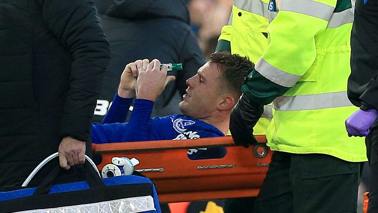 Everton's James McCarthy leaves the field on a stretcher after picking up anm injury during the Premier League match at Goodison Park, Liverpool.