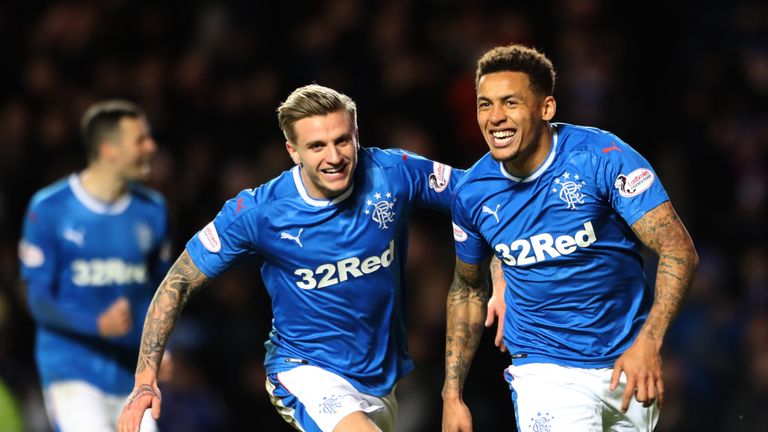 Rangers' James Tavernier (right) celebrates scoring his side's second goal of the game from the penalty spot during the Ladbrokes Premiership match at Ibro