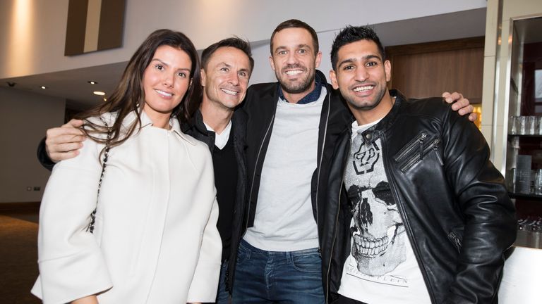 Amir Kahn has a visit from His Im A celebrity Jungle camp mates Jamie Lomas,  Dennis Wise and  rebekah vardy after his press conference in Liverpool