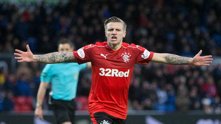 Rangers Jason Cummings celebrates scoring his side's second goal of the game during the Ladbrokes Scottish Premiership match at the Global Energy Stadium, 