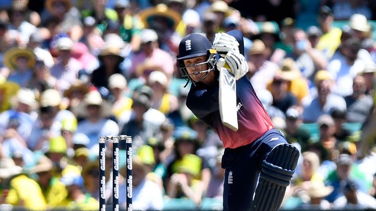 SYDNEY, AUSTRALIA - JANUARY 21:  Jason Roy of England plays a shot during game three of the One Day International series between Australia and England at S