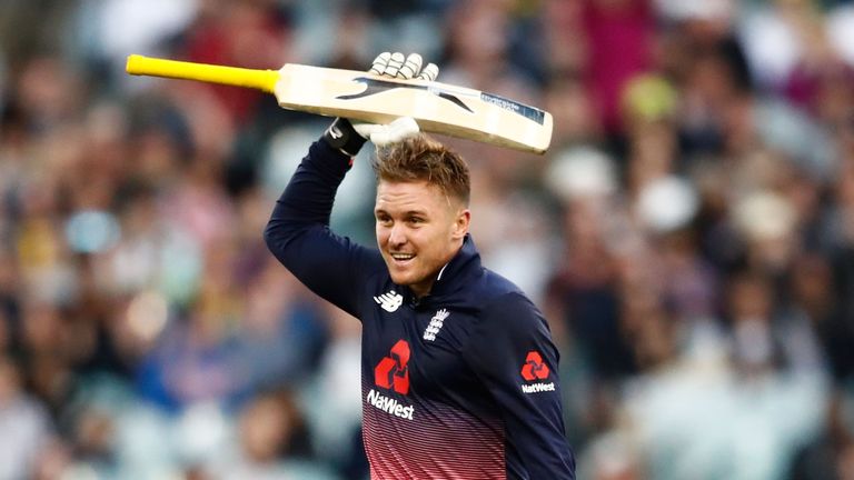 MELBOURNE, AUSTRALIA - JANUARY 14:  Jason Roy of England celebrates reaching his century during game one of the One Day International Series between Austra