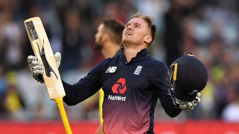 England batsman Jason Roy celebrates after scoring his century against Australia during their one-day international cricket match played at the MCG in Melb