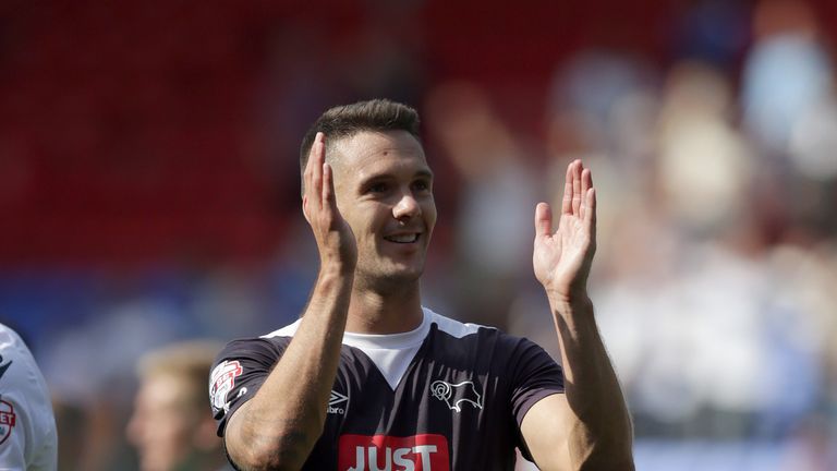BOLTON, ENGLAND - AUGUST 8:  Jason Shackell of Derby County during the Sky Bet Championship match between Bolton Wanderers and Derby County at the Macron S