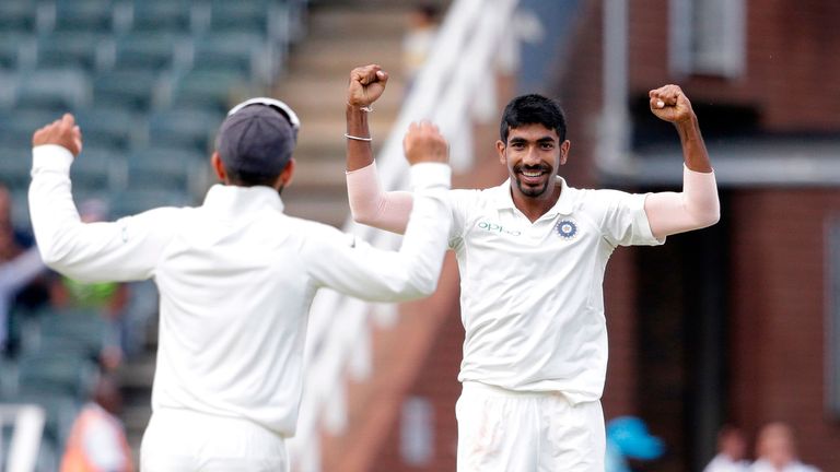 Jasprit Bumrah celebrates taking his maiden Test five-for on day two of the third Test