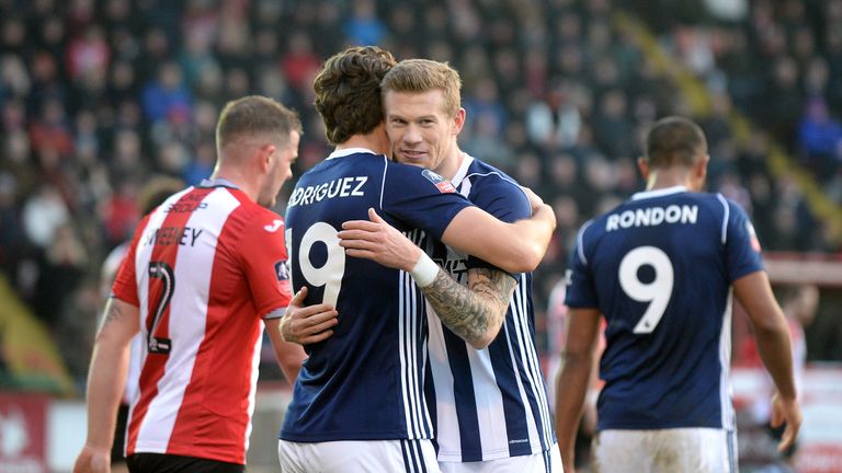 West Bromwich Albion's Jay Rodriguez (left) celebrates scoring his side's second goal of the game with team-mate James McClean v Exeter City in the FA Cup