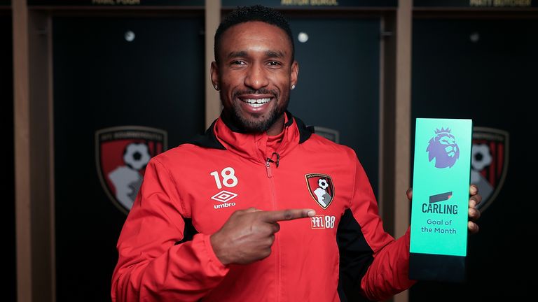 Jermain Defoe of Bournemouth poses with the trophy for Carling Premier League Goal of the Month for December 2017
