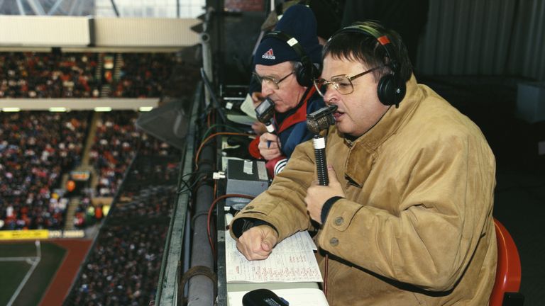 LIVERPOOL, UNITED KINGDOM - JANUARY 22:  BBC Radio 5 Broadcaster Alan Green in action with summariser Jimmy Armfield (l) during a Premier League match betw