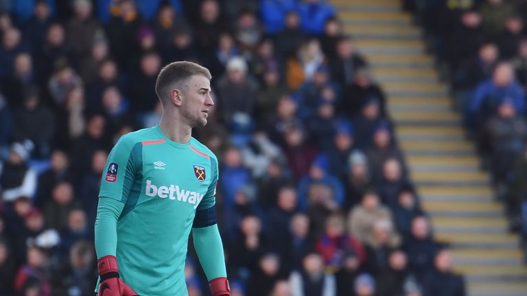 West Ham United's English goalkeeper Joe Hart gestures during the English FA Cup third round football match between Shrewsbury Town and West Ham United at 