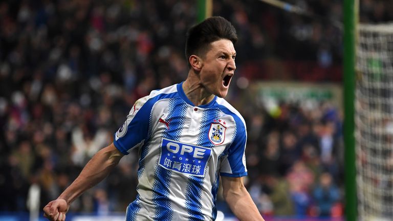 HUDDERSFIELD, ENGLAND - JANUARY 13:  Joe Lolley of Huddersfield Town celebrates after scoring his sides first goal during the Premier League match between 