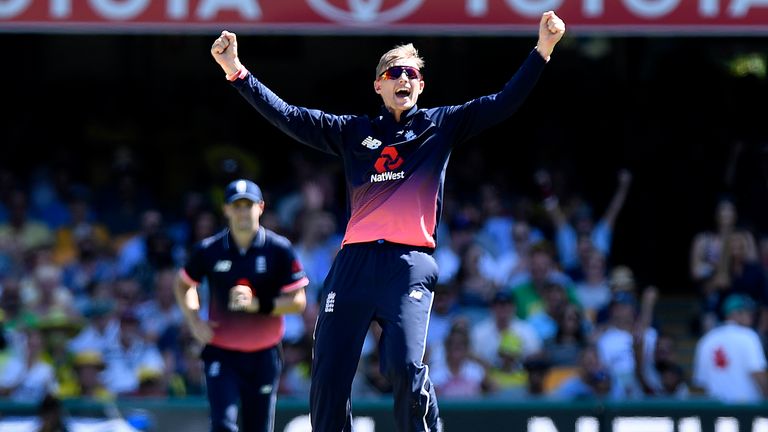 Joe Root of England celebrates taking the wicket of Steve Smith of Australia during game two of the One Day International