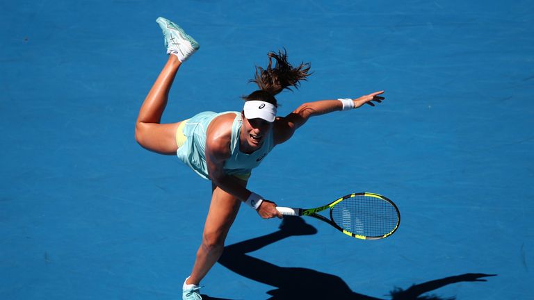 MELBOURNE, AUSTRALIA - JANUARY 16:  Johanna Konta of Great Britain serves in her first round match against Madison Brengle of the United States on day two 
