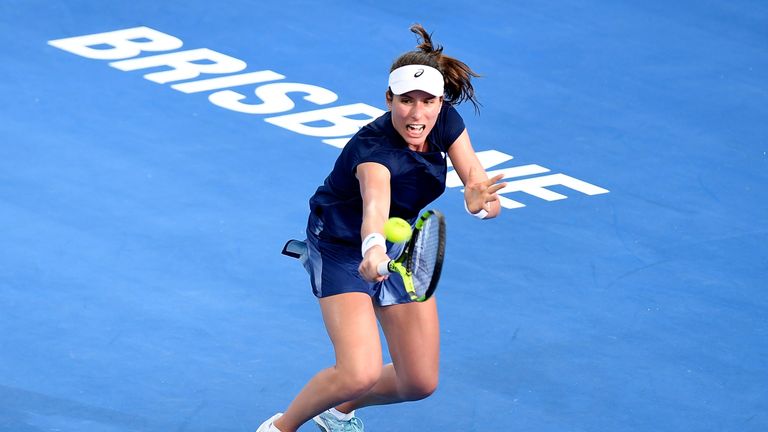 BRISBANE, AUSTRALIA - JANUARY 01:  Johanna Konta of Great Britain plays a backhand in her match against Madison Keys of USA during day two of the 2018 Bris