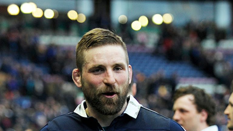 Scotland's flanker John Barclay celebrates following the Six Nations international rugby union match between Scotland and Wales at Murrayfield 