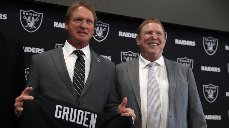 ALAMEDA, CA - JANUARY 09:  Oakland Raiders new head coach Jon Gruden (L) and Raiders owner Mark Davis pose for a photograph during a news conference at Oak
