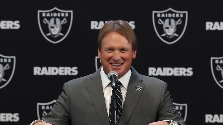 ALAMEDA, CA - JANUARY 09:  Oakland Raiders new head coach Jon Gruden speaks during a news conference at Oakland Raiders headquarters on January 9, 2018 in 