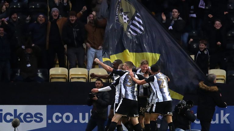 Jon Stead of Notts County celebrates with team mates after scoring his sides first goal during The Emirates FA Cup Four