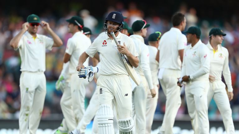 SYDNEY, AUSTRALIA - JANUARY 04:  Jonny Bairstow of England looks dejected after being dismissed by Josh Hazlewood of Australia during day one of the Fifth 