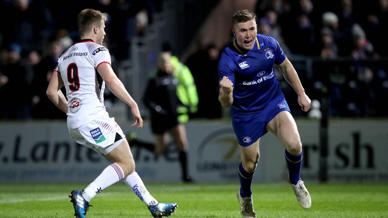 Jordan Larmour celebrates scoring the first try of the game