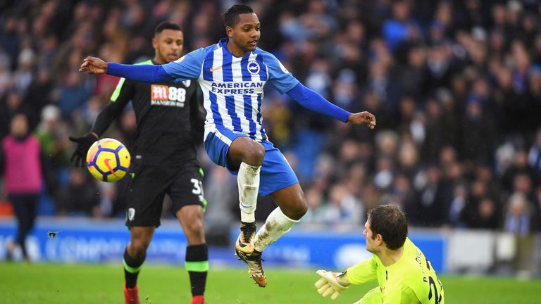 BRIGHTON, ENGLAND - JANUARY 01:  Jose Izquierdo of Brighton and Hove Albion has a shot saved by Asmir Begovic of AFC Bournemouth during the Premier League 