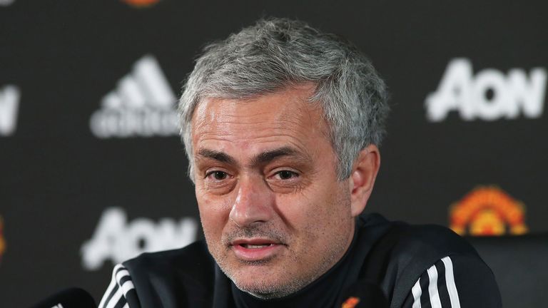 Jose Mourinho speaks during a press conference at Manchester United's Aon Training Complex