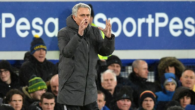 Manchester United's Portuguese manager Jose Mourinho gestures during the English Premier League football match between Everton and Manchester United at Goo