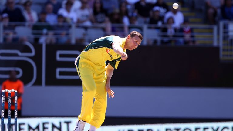 Josh Hazlewood of Australia bowls during the one-day international (ODI) cricket match between New Zealand and Australia at Eden Park in Auckland on Januar