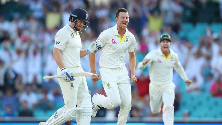 Josh Hazlewood celebrates after taking the wicket of Jonny Bairstow during day one of the Fifth Test