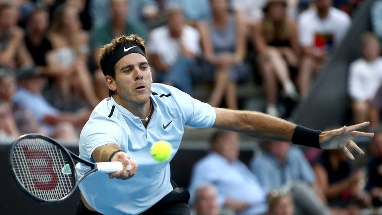 Juan Martin Del Potro of Argentina plays a forehand in his quarter-final match against Karen Khachanov of Russia