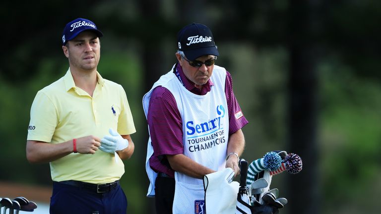 LAHAINA, HI - JANUARY 06:  Justin Thomas of the United States and his father and caddie Mike Thomas prepare to play from the second tee during the third ro