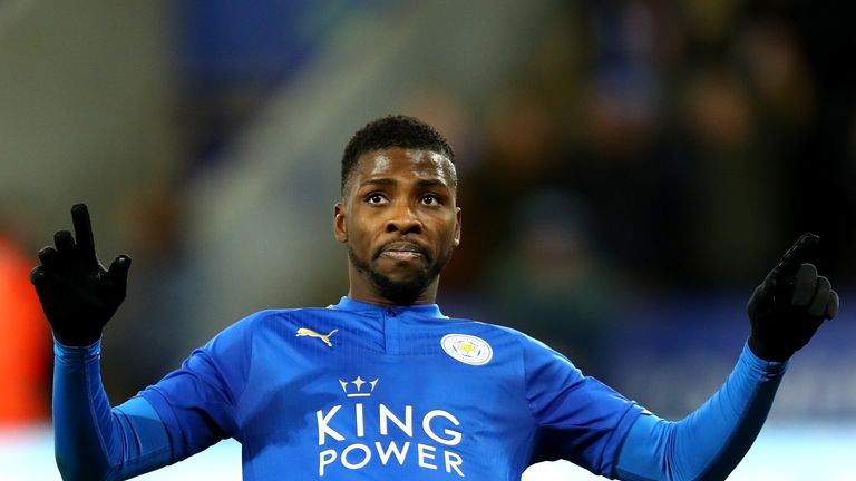 LEICESTER, ENGLAND - JANUARY 16:  Kelechi Iheanacho of Leicester City celebrates as he scores their first goal during The Emirates FA Cup Third Round Repla