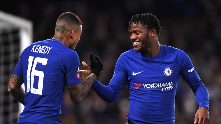 Michy Batshuayi of Chelsea celebrates after scoring his side's first goal during The Emirates FA Cup Third Round Replay against Norwich