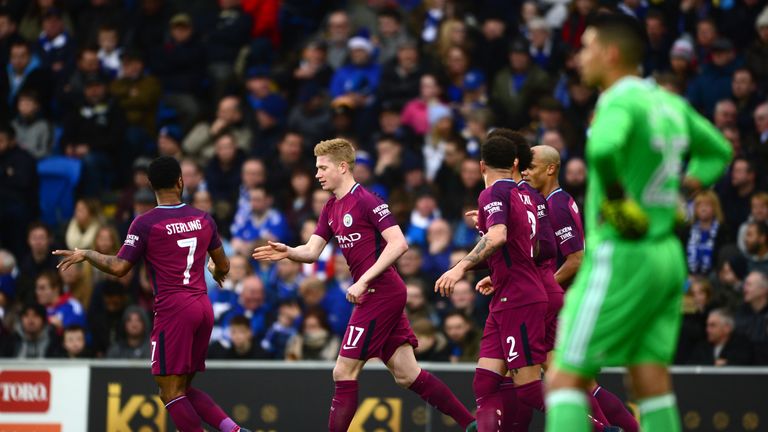 Kevin De Bruyne celebrates after opening the scoring with a cheeky free-kick