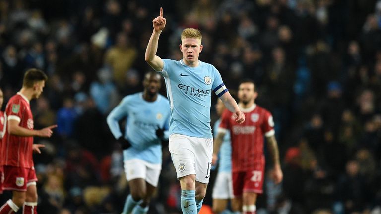 Kevin De Bruyne celebrates after scoring Manchester City's first goal during the Carabao Cup semi-final first leg v Bristol City