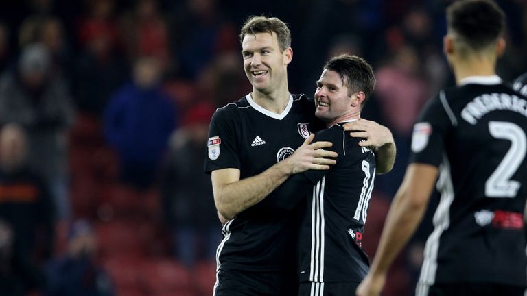 Fulham's Kevin McDonald and Fulham's Oliver Norwood celebrate the 1-0 win over Middlesbrough