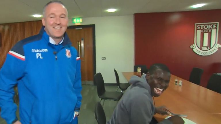 Kurt Zouma shares a joke over breakfast with his new Stoke City manager.