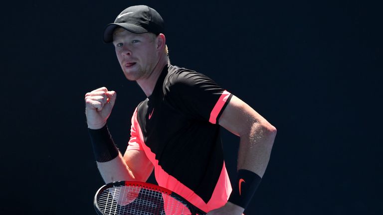 Kyle Edmund of Great Britain celebrates winning a point in his second round match against Denis Istomin of Uzbekistan