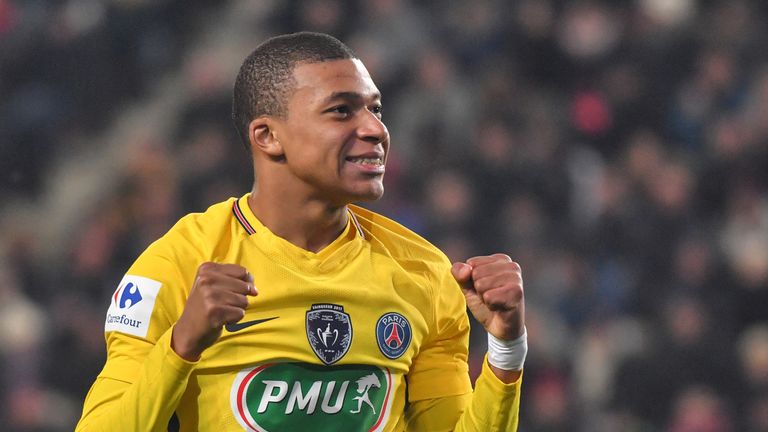 Kylian Mbappe celebrates after scoring during the French Cup match between Rennes v PSG