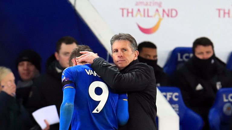 Leicester City manager Claude Puel with Jamie Vardy after he is substituted