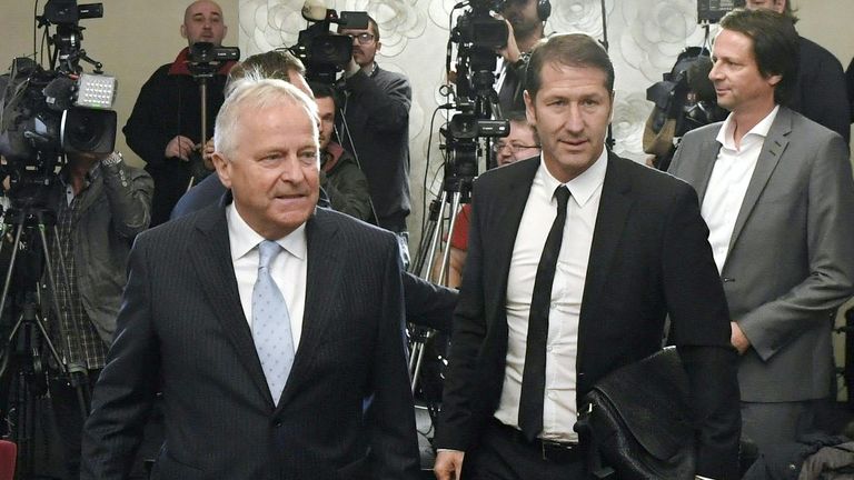 Franco Foda (C), designated German head coach of the Austrian national football team, and OeFB-President Leo Windtner (L) arrive to give a press conference