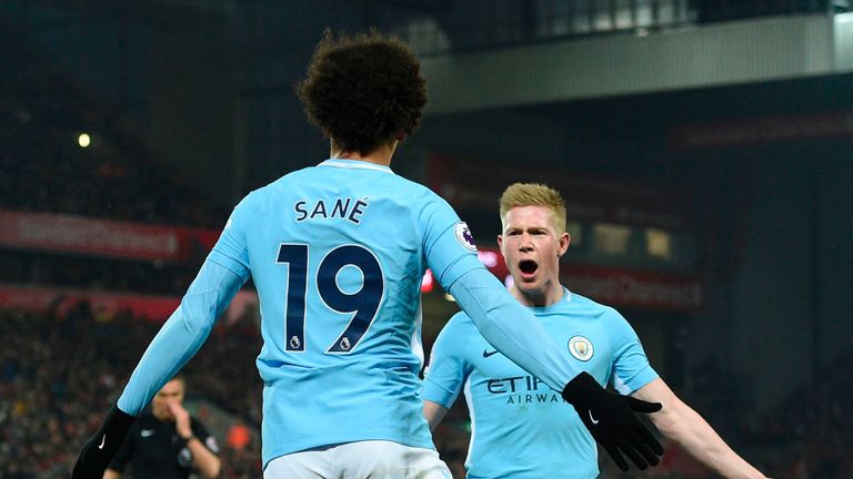  Leroy Sane celebrates scoring Manchester City's equaliser with Kevin De Bruyne