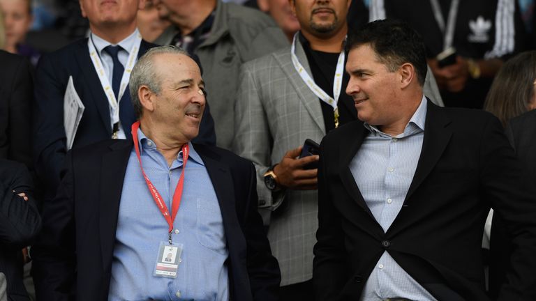 SWANSEA, WALES - MAY 21:  Swansea owners Steve Kaplan ( left) and Jason Levien (r) look on before the Premier League match between Swansea City and West Br