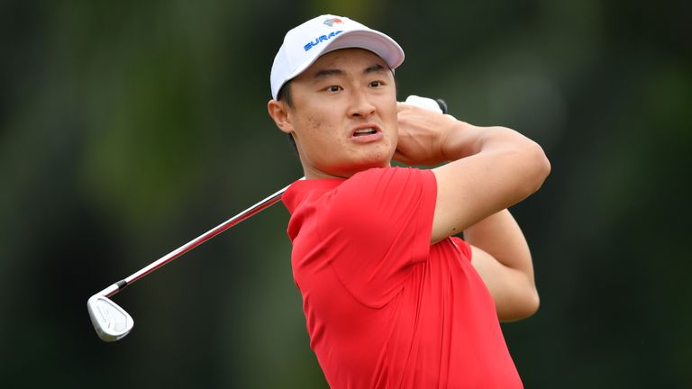 KUALA LUMPUR, MALAYSIA - JANUARY 14:  Haotong Li of Asia tees off during the singles matches on day three of the 2018 EurAsia Cup presented by DRB-HICOM at