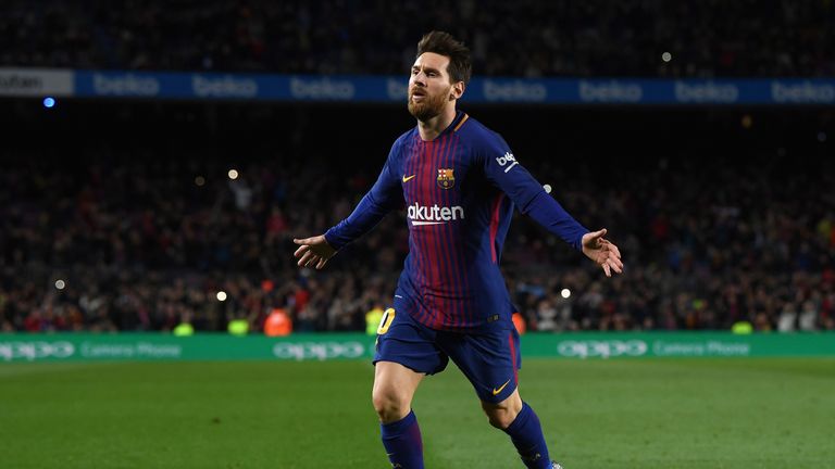 Lionel Messi of Barcelona celebrates after scoring his sides second goal during the La Liga match between Barcelona and Alaves