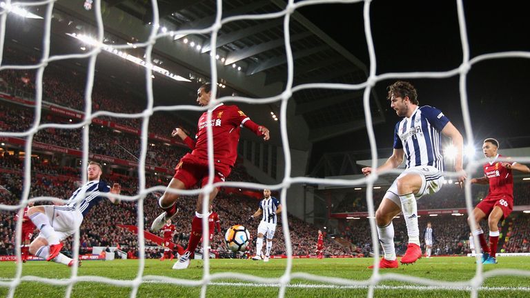 LIVERPOOL, ENGLAND - JANUARY 27:  Jay Rodriguez of West Bromwich Albion watches on as Joel Matip of Liverpool scores an own goal during The Emirates FA Cup