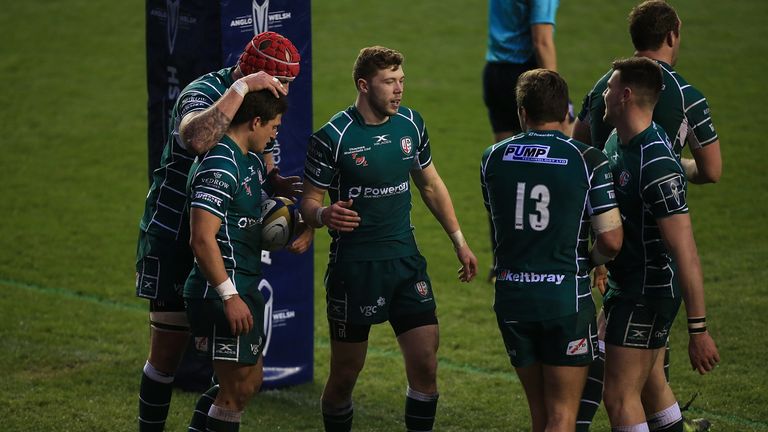 READING, ENGLAND - JANUARY 27:  Piet van Zyl of London Irish celebrates after scoring a try during the Anglo-Welsh Cup match between London Irish and Wasps