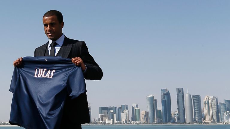 Brazilian international midfielder Lucas Moura poses on the sidelines of a press conference held in the Museum of Islamic art in Doha on January 1, 2013, a